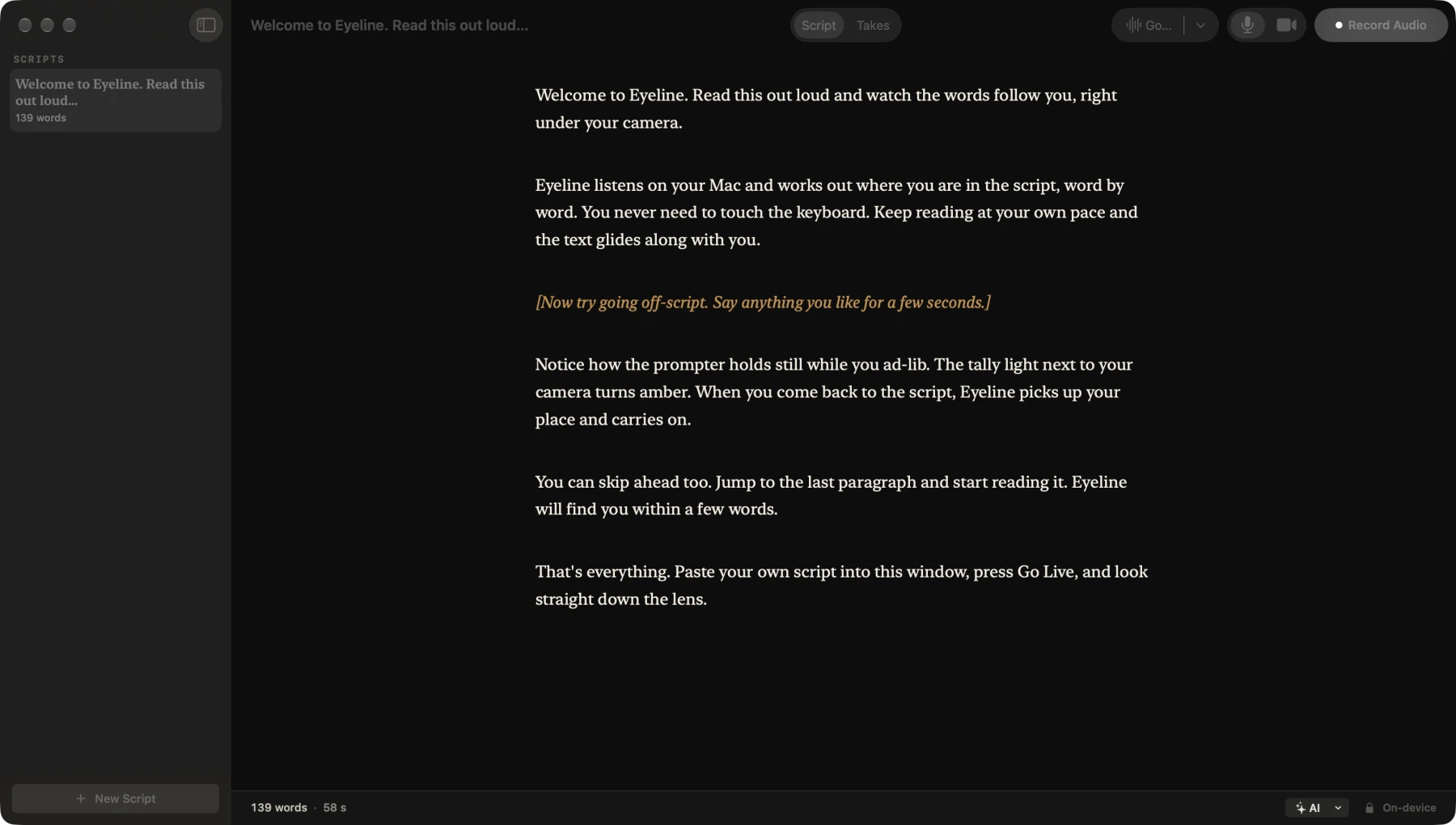 Eyeline’s script window, with the Record Audio button and camera controls in the toolbar.